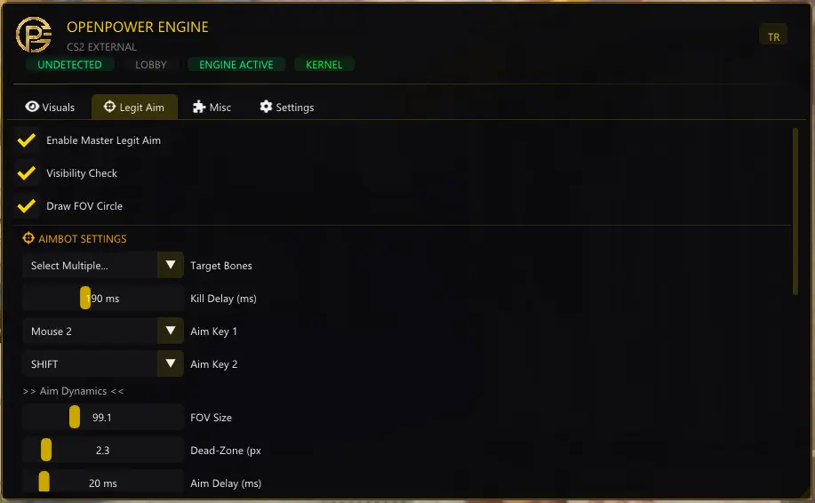 CS2 Legit Aimbot Menüsü - Open Power Engine smooth aimbot ayarları